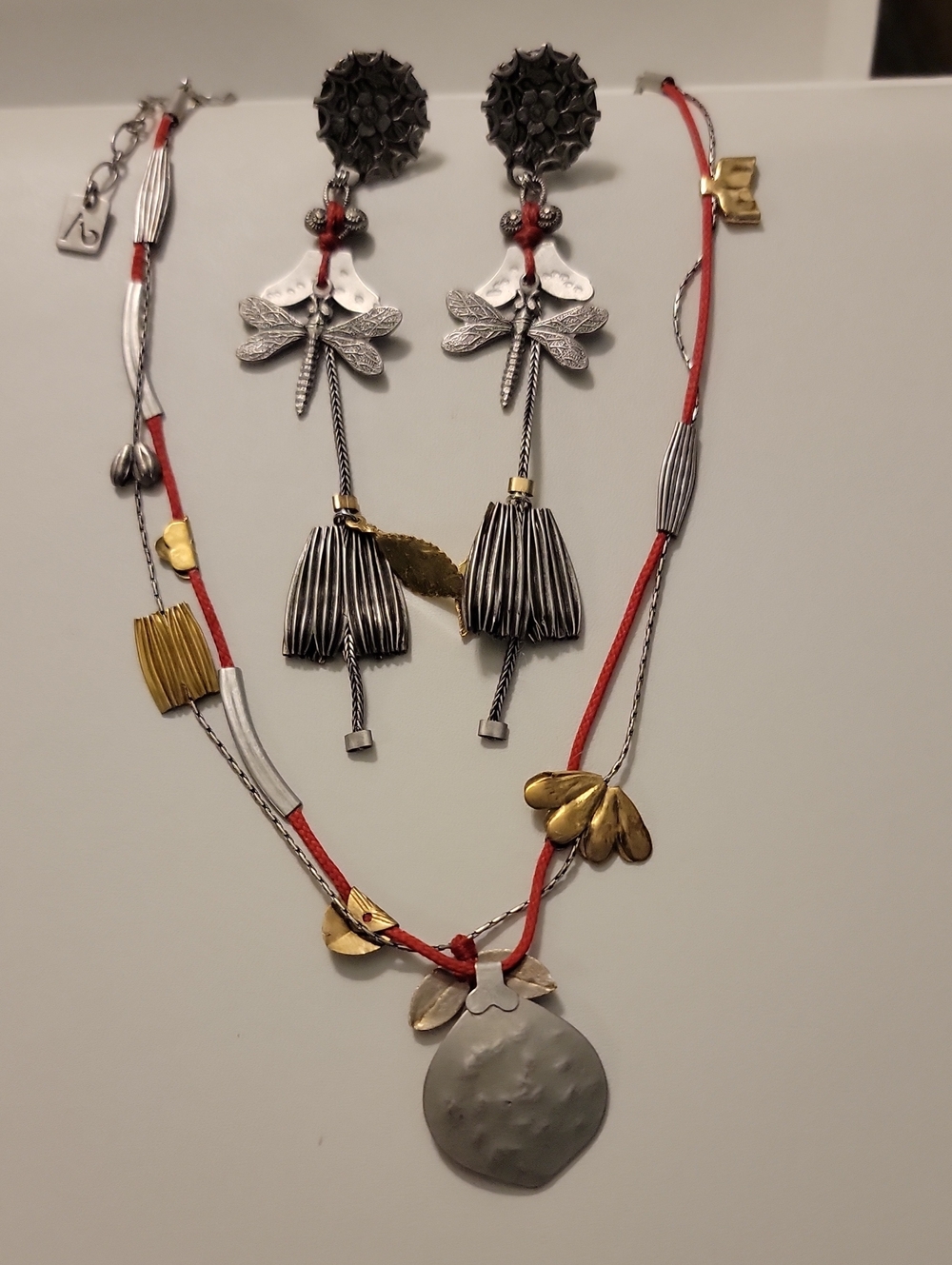 Ayala Bar Handcrafted Red Cord Mixed Metal Dragonfly Necklace & Earrings Set